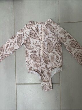 Long-Sleeve Paisley Kids One-Piece Swimsuit - Cream/Brown